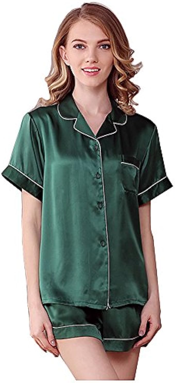 NANJUN Women's Silky Satin Pajamas Sleepwear Short and Long Button-Down Pj Set