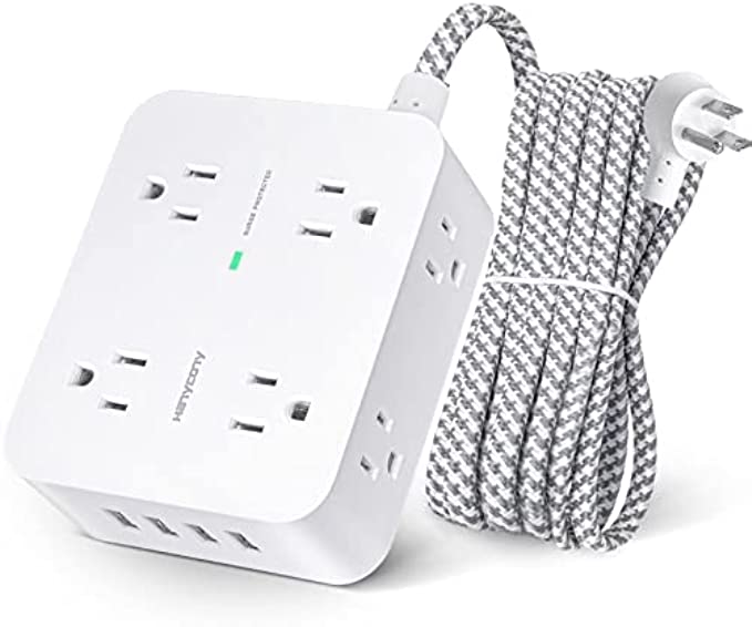 Surge Protector Power Strip, 8 Wide Outlets with 4 USB Charging Ports, 3 Side Outlet Extender with 5Ft Braided Extension Cord, Flat Plug, Wall Mount for Home Office Dorm Room Essentials, ETL Listed