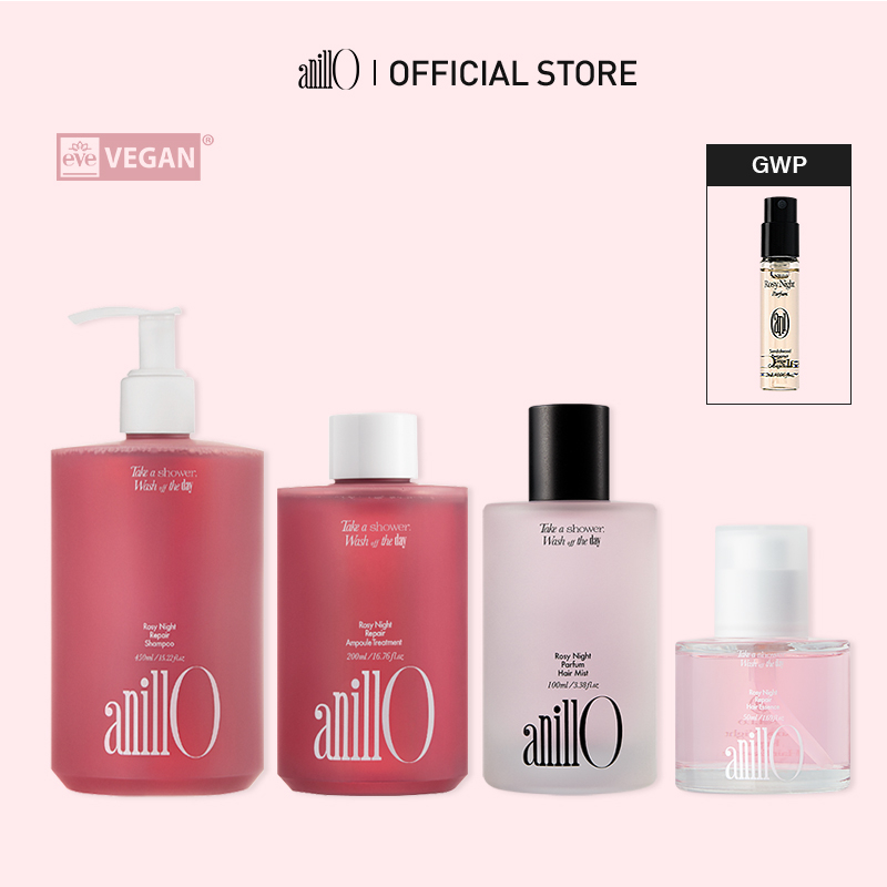 [ANILLO] SET of Rosy Night Repair Hair Shampoo450ml + Ampoule Treatment200ml + Hair mist100ml + Hair Essence50ml_damaged Hair Repair