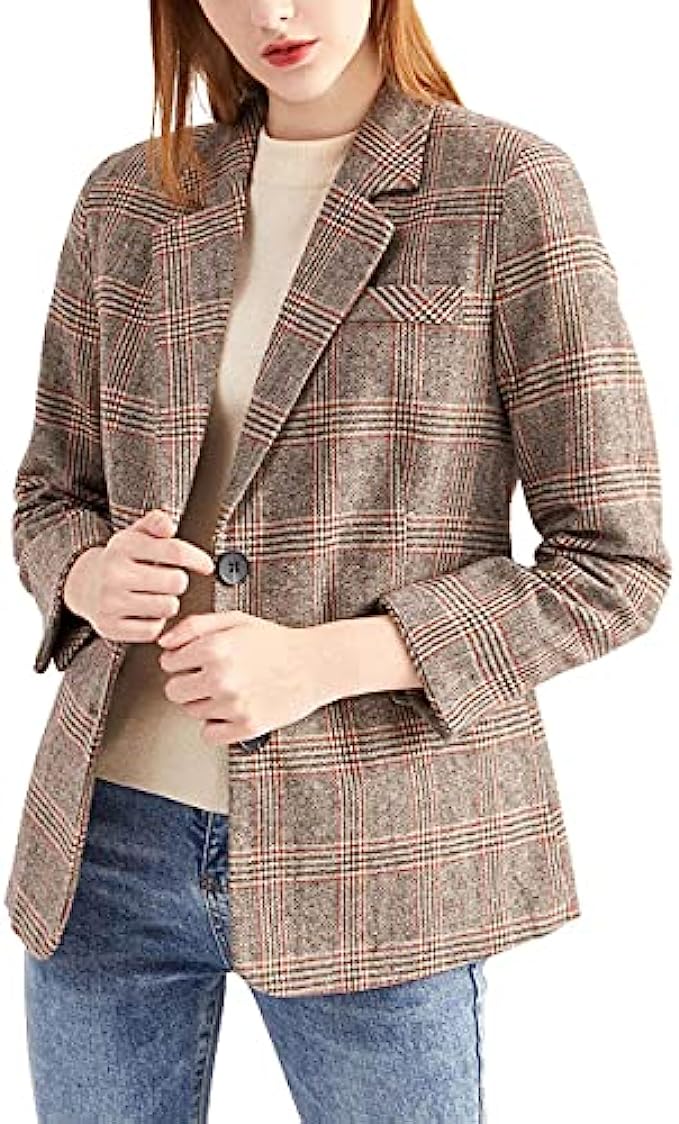 ebossy Women's Notch Lapel 2 Button Boyfriend Blazer Suit Houndstooth Plaid Jacket Coat