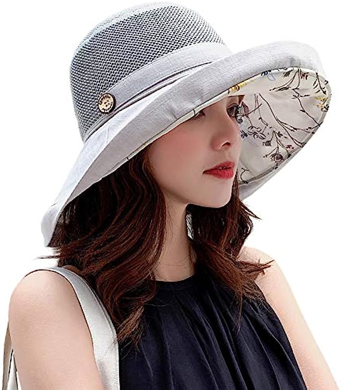 Women Mesh Sun Hats Summer Beach UV Protection UPF Packable Wide Brim Chin Strap